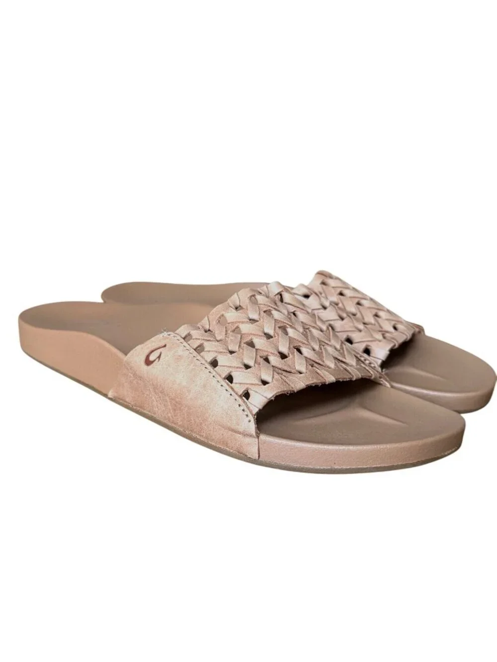 OluKai Kamola Woven Leather Comfort Slide Sandals Tan Women's Size 8